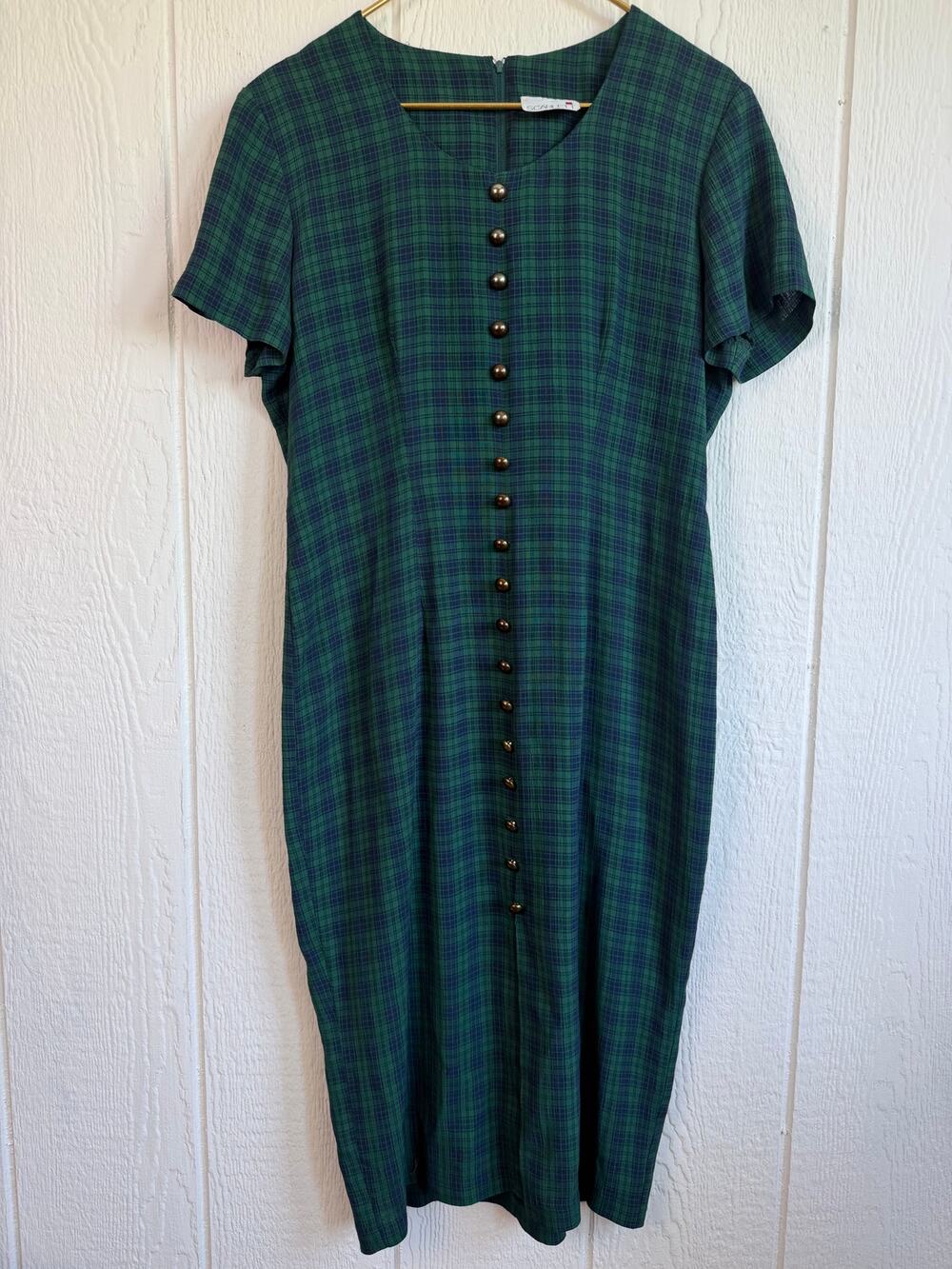 Vintage 90s Scarlett Green Tartan Plaid Midi Maxi Dress Button Front Grunge